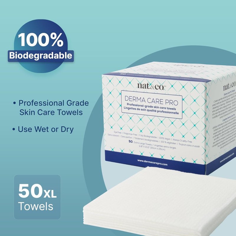 Nat.&Co. Derma Care Pro 100% USDA Biobased Material - Professional Grade Extra Large Face Towels - Bio-Based Towel, Makeup Remover Dry Wipes, Facial Wash Cloths for Sensitive and Clean Skin - 50 Count