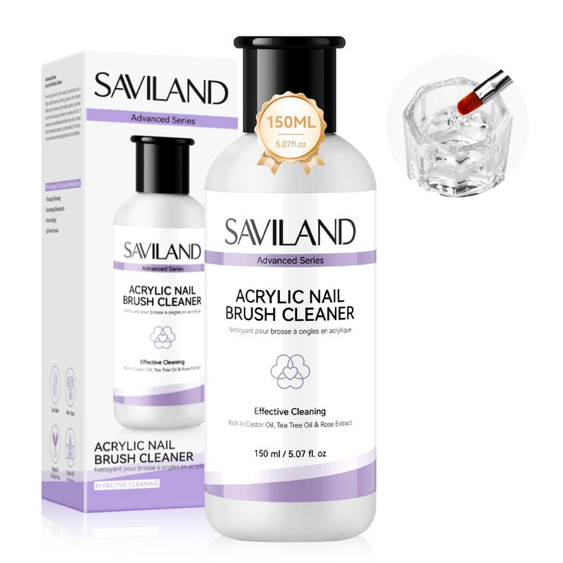 SAVILAND Acrylic Nail Brush Cleaner: 3-Minute Deep Clean & Conditioning Liquid, Plant-Based Cleaner Conditioner Preserver Restorer for Acrylic Nail Brushes, Home DIY & Salon Use, 5 OZ
