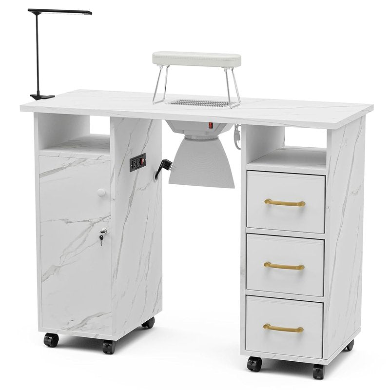 Manicure Table Nail Station - Marbling Texture with Charging Station, Dust Collector, LED Lamp | White