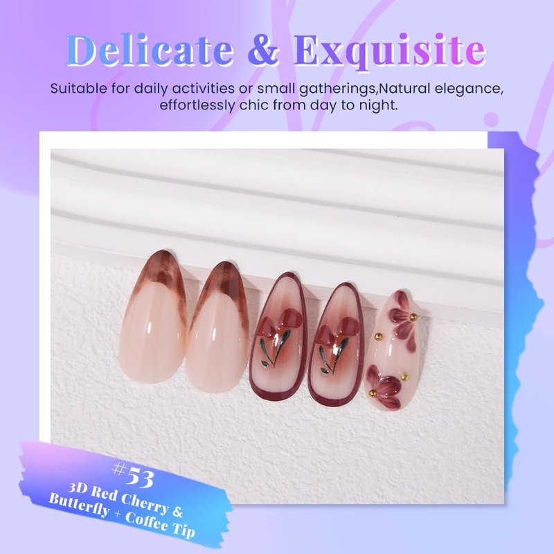 evpct 3D Red Cherry Press on Nails Short Almond No Glue, Short Almond with 3D Red Bow Butterfly Design, Coffee Tip Stick on Nail for Women Gift with Kit, Reusable Full Cover Soft Press on Fake Nail