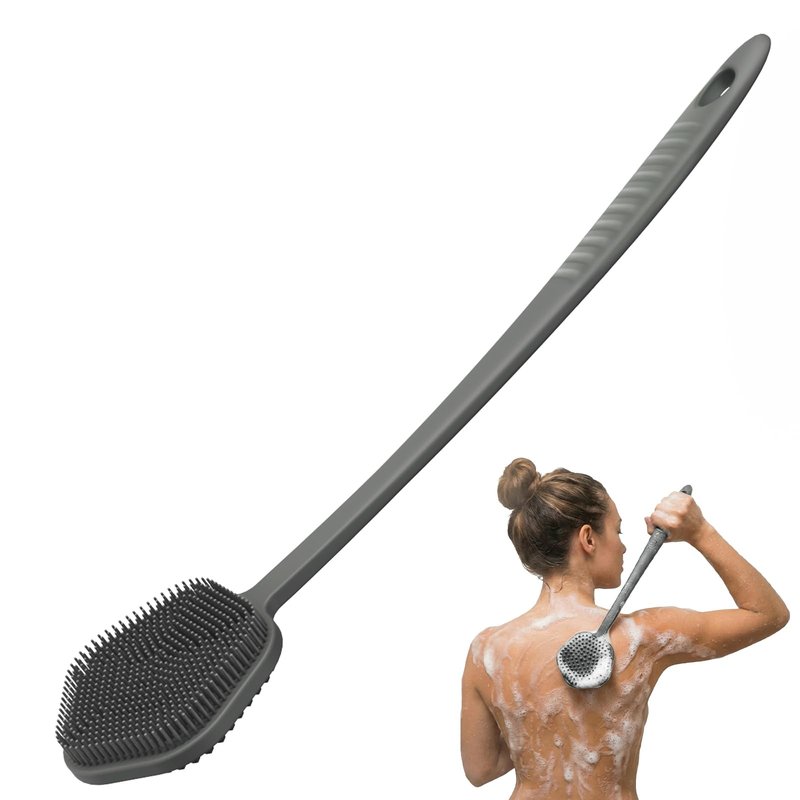 Redfly Silicone Back Scrubber for Shower Brush, 17 inch Long Handled Silicone Body Scrubber for Men & Women, Double Sided Shower Scrubber for Body Brush Exfoliator and Massage, Gray