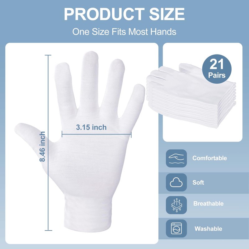 42-Pack White Cotton Gloves, for Dry Hands Sleeping Eczema Care and Night-Time Moisturizing, Unisex Soft Sleep Elastic SPA Glove Set, Jewellery Inspection, Arts Crafts, Wedding, Halloween Costumes