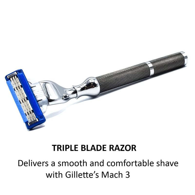 Parker 42M 43M Heavyweight All-Metal Triple Blade Razor – Shaving Razor with Brass Frame + Deluxe Textured Graphite Handle – One Gillette Mach 3 Razor Blade Included