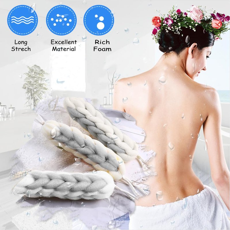 AARAINBOW 2 Packs Upgraded Long Stretch Back Sponge with Rope Handles Back Scrubber Bath Shower Mesh Sponge Exfoliating Body Scrub Stretch Braided Loofah for Men Women Loofah Rope (2 Gray)