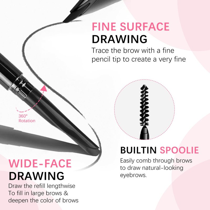 Eyebrow Pencil for Women, Dark Brown Waterproof Brow Pencil, 0.1mm Ultra-Fine Automatic Pencil with Angled Precision Tip & Built-In Spoolie Brush, Long-Lasting Natural Eyebrow Makeup, 0.003 Oz