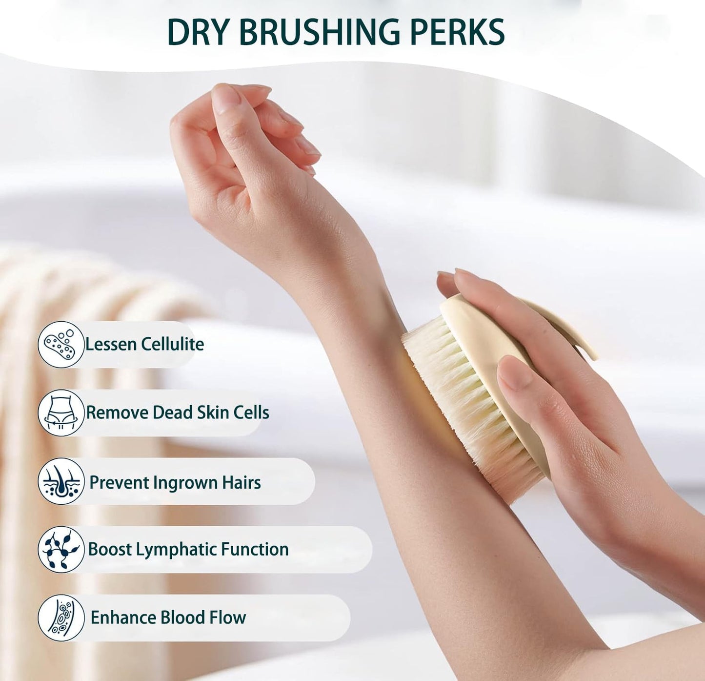 Dry Brushing Body Brush for Lymphatic Drainage & Exfoliation, Strong Grip for Deep Cleansing & Smooth Skin, Body Scrubber with Comfortable Bristles, Cream White