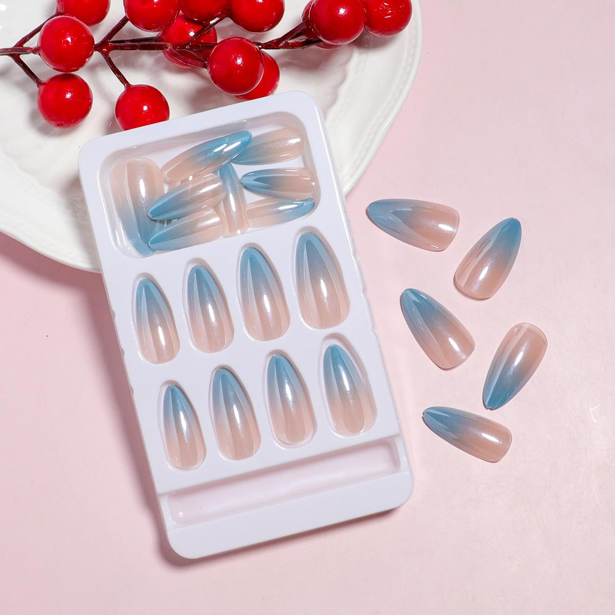 TOGZOM Almond Press on Nails Medium Blue Ombre Fake Nails Chrome Mirror Acrylic Nails Glossy Shiny False Nails Gradation Glue on Nails Artificial Stick on Nails for Women Manicure 24Pcs, Style9