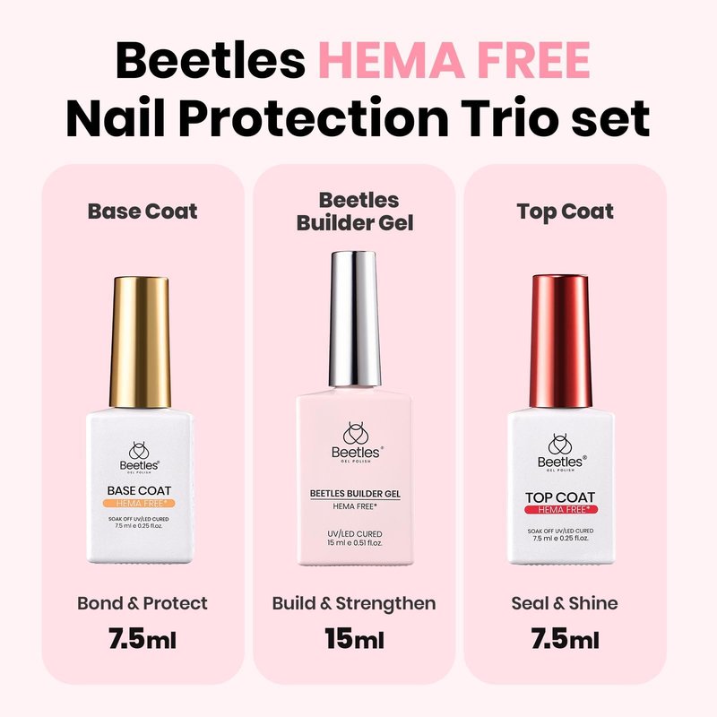 Beetles Builder Gel for Nails HEMA-Free with Base & Top Coat,Nail Protection Trio Set 3 Pcs Clear Building Gel,Strengthening Building Extension for Beginner DIY Salon at Home Gifts,UV & LED Cured