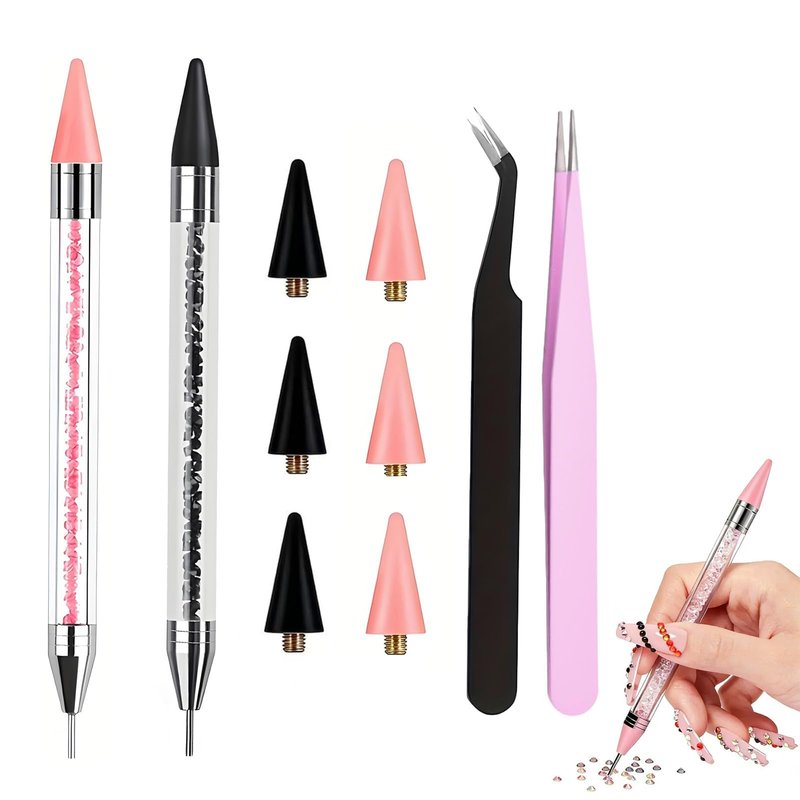 2PCS Rhinestone Picker Tool Dotting Pen - Rhinestone Picker Tool Set with 6 Wax Tips and 2 Tweezers, Gem Picker Pen Diamond Jewel Applicator, Rhinestone Tools Kit for Bedazzling DIY Nail Art