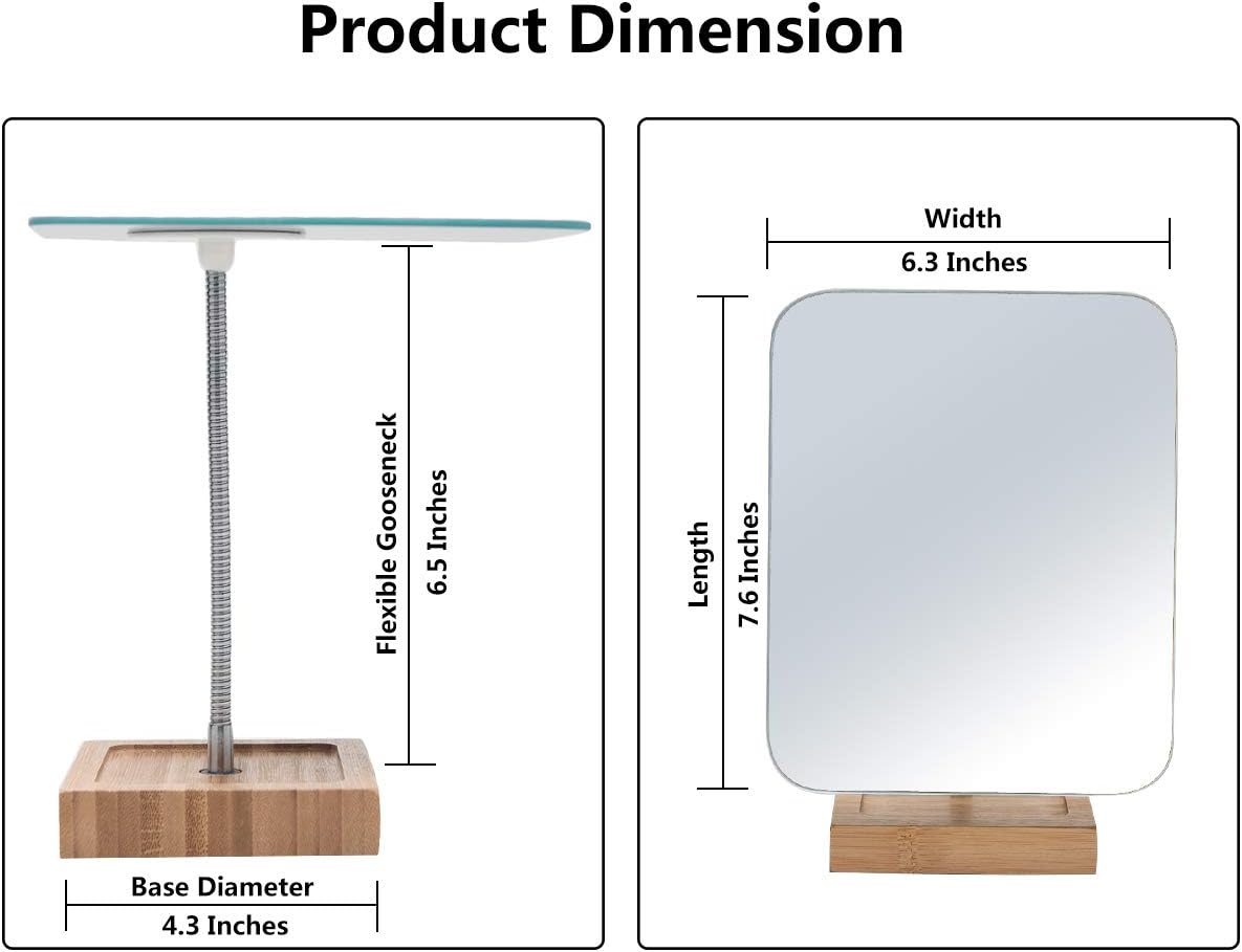 YEAKE 8" Large Flexible Gooseneck Bamboo Vanity Makeup Mirror - 360° Rotation, Portable Folding Design