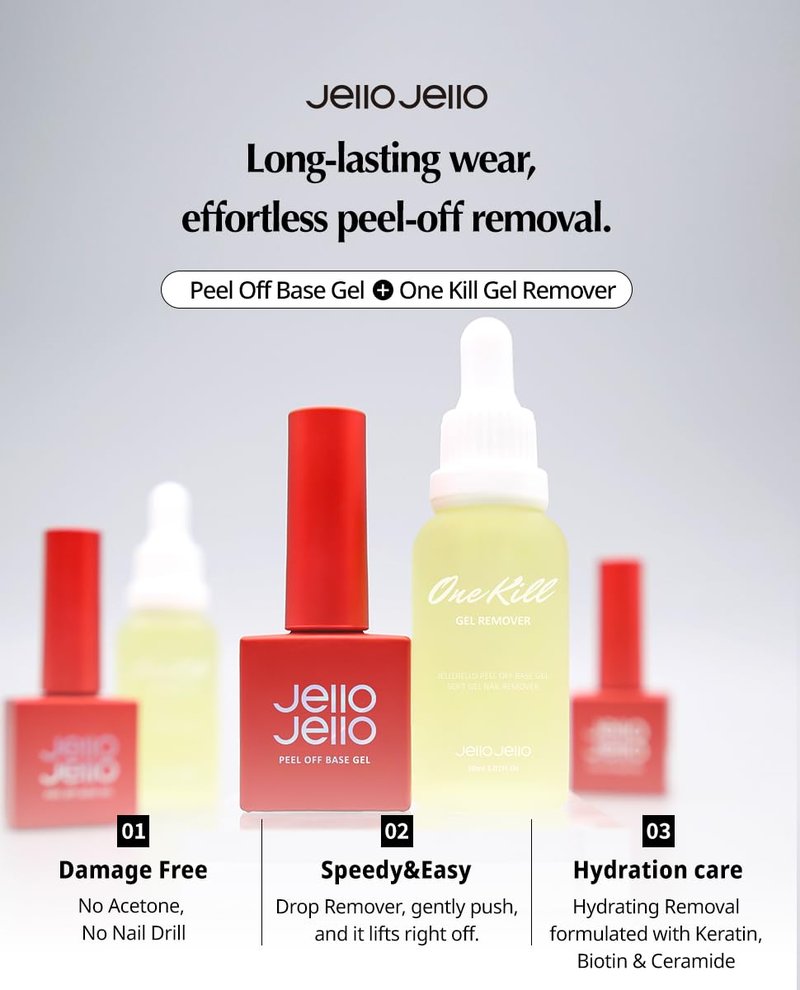 JelloJello Peel-Off Base Gel (10ml) + One Kill Gel Remover (30ml) Set Peelable Nail Base, Easy Removal, Self Nail, UV/LED Cure