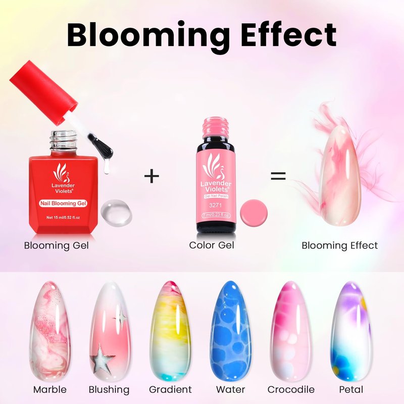Lavender Violets Blooming Gel 15ml Clear Uv Led Aura Nails Gel Polish for Spreading Effect Marble Natural Stone Watercolor Floral Print Soak off Diy Nail Art Design Manicure Gift for Women A106