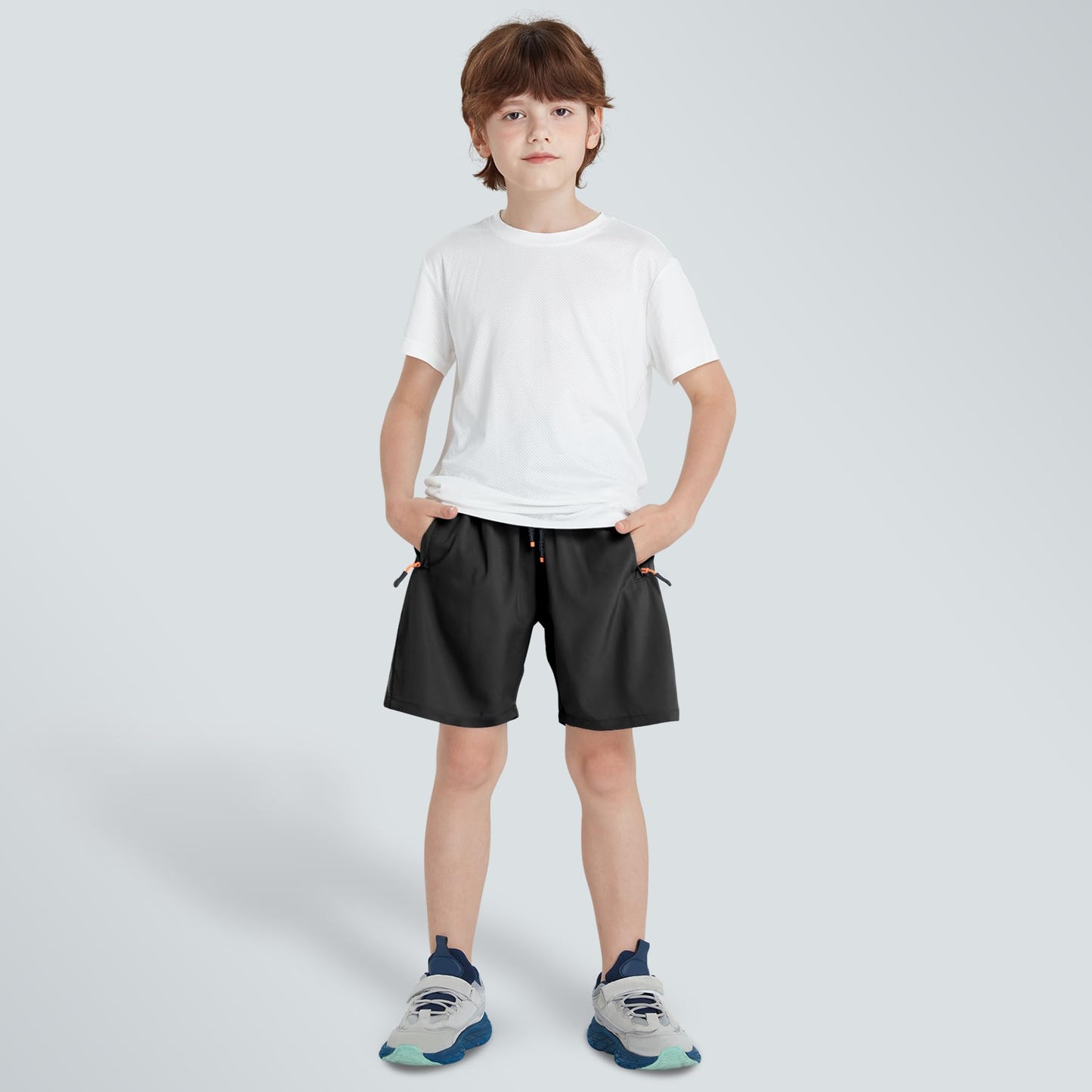 ANHDM Boys Athletic Shorts Quick Dry Sport Shorts Lightweight Running Shorts with Zipper Pockets (Pack of 3), Z/Black&Grey&Navy, 13-14T