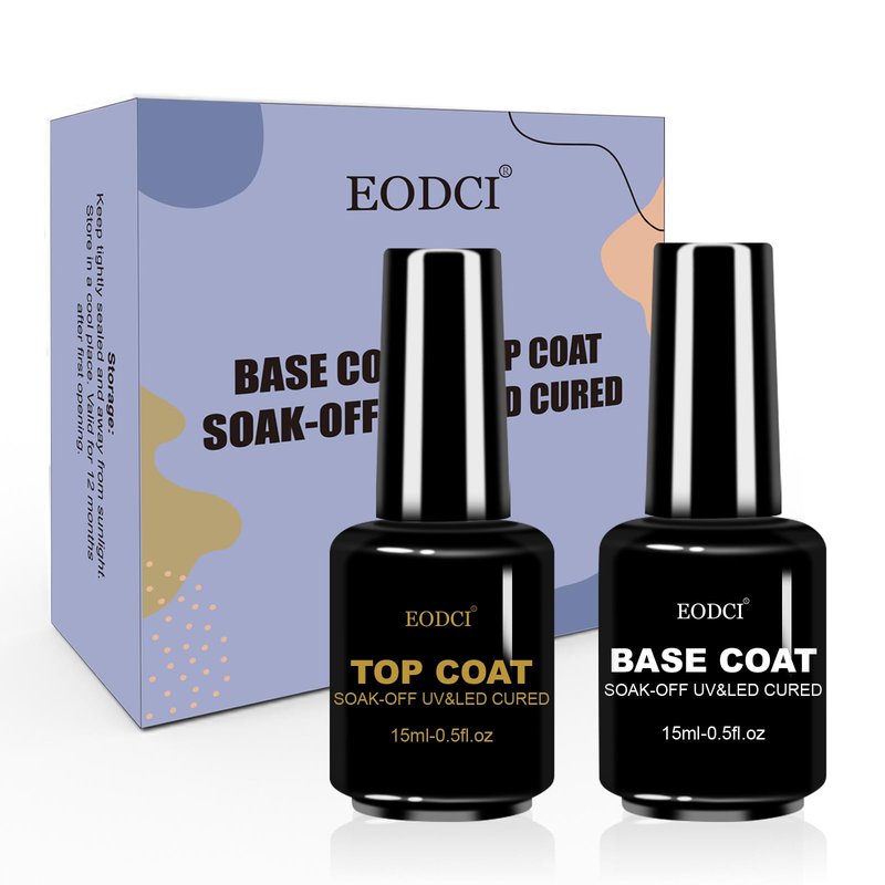 eodci 2Pcs 15ml No Wipe Base Top Coat Set, Shine Finish Soak Off Gel Base Top Coat Long Lasting LED Nail Lamp for Gel Nail Polish Salon Quality Nail Manicure Gifts
