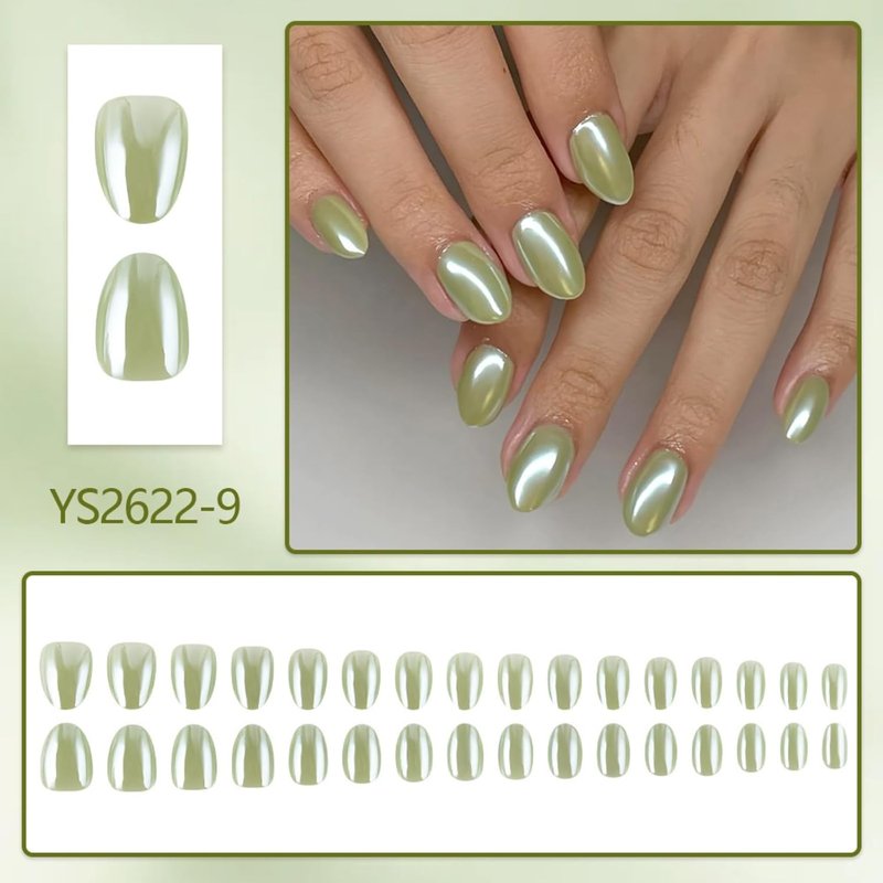 Skiennix 32Pcs Green Press-On Nails - Chrome Short Oval Full Cover Glossy Reusable Artificial Nails