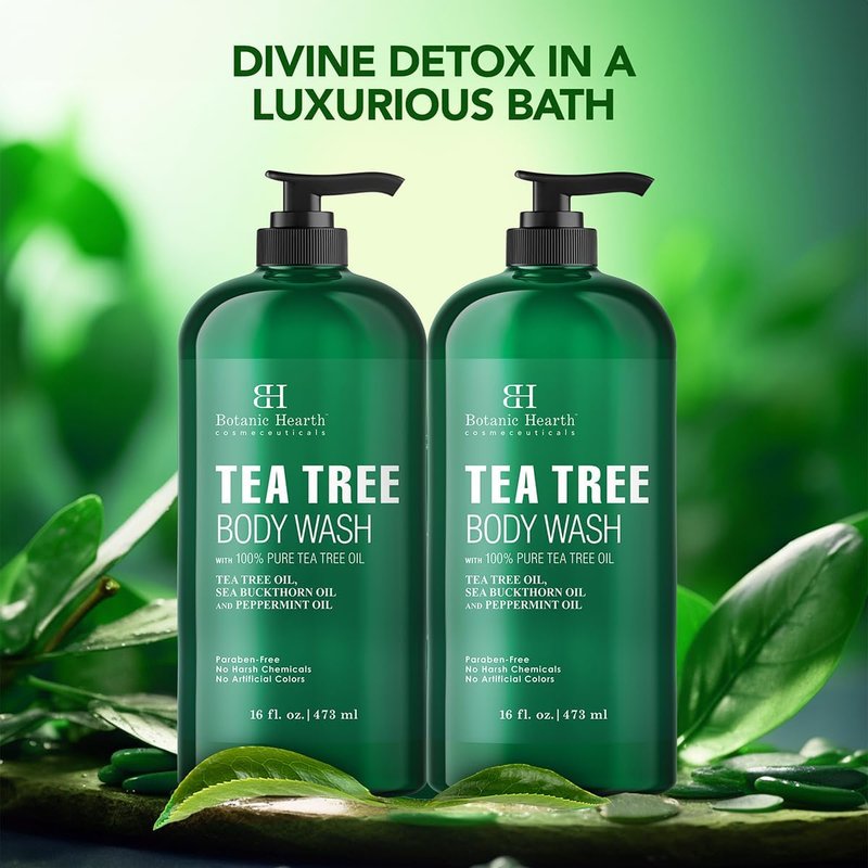Botanic Hearth Tea Tree Body Wash 16 fl oz (2 Pack) Natural Antifungal & Odor Control Shower Gel for Acne, Athlete’s Foot, Ringworm, Jock Itch, Healthy Skin, Sulfate & Paraben Free, for Men & Women