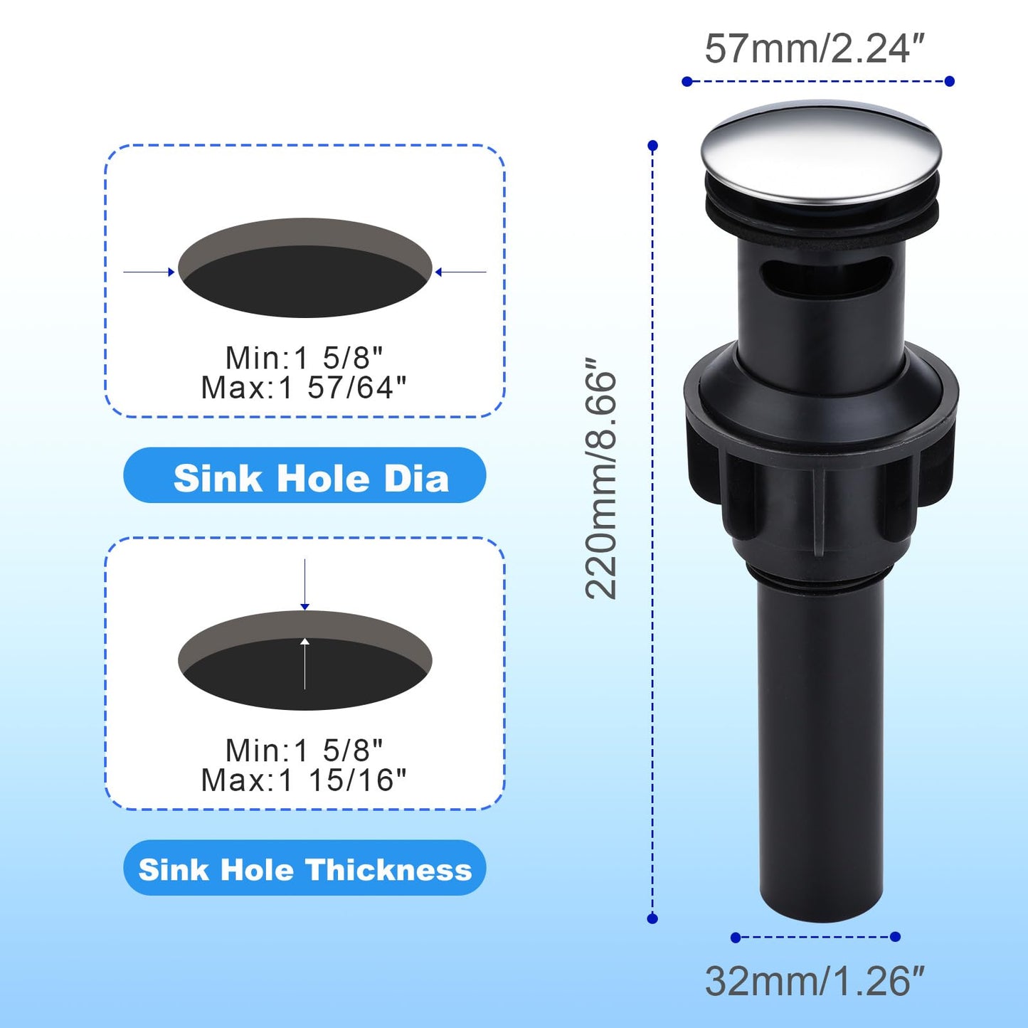 Chrome Plated Bathroom Pop-Up Sink Drain - Vessel Vanity Sink Stopper Push-Type Assembly with Overflow & Strainer, for Faucet Vessel Sinks