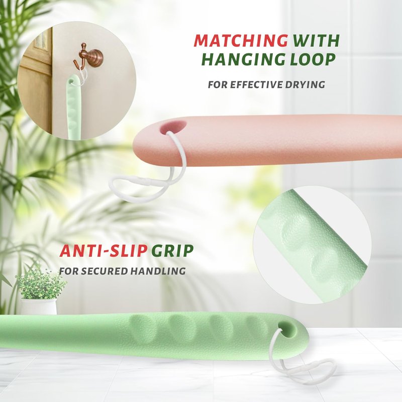 4 Pack Double-Sided Back Bath Brush,16" Curved Long Handle Back Scrubber for Shower with Soft Bristles and Loofah,Body & Back-Cleaning Helper Scrubber Wet or Dry for Men and Women (Pink)