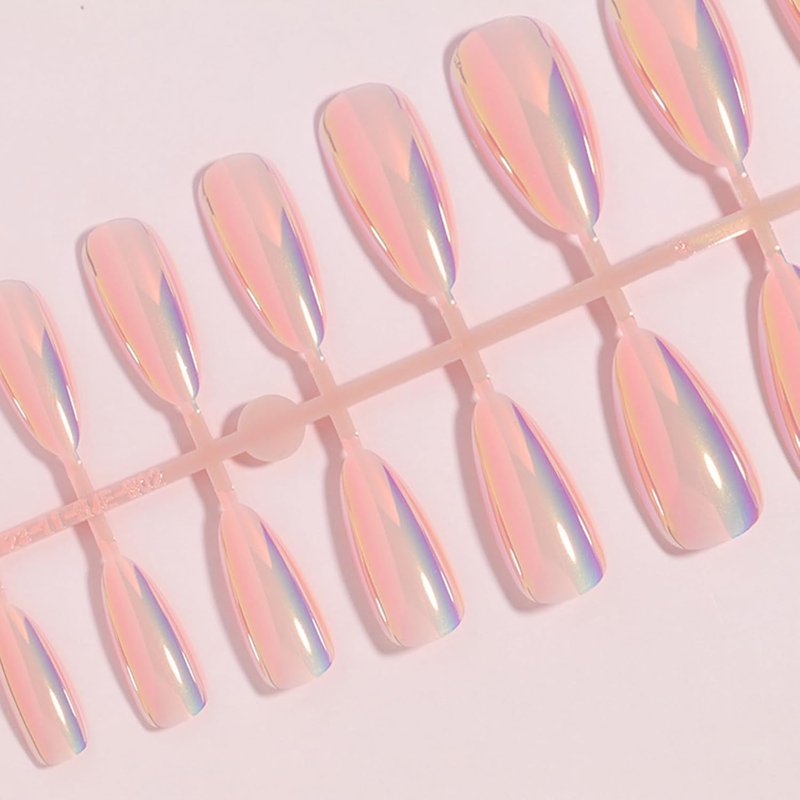 24Pcs Chrome Press-On Nails - Medium Almond Pink Aurora Glossy Full Cover Acrylic Nail Tips for Quick Manicure