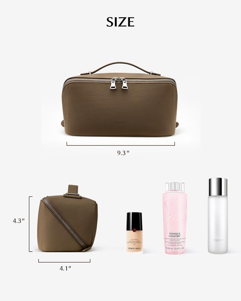 EACHY Travel Makeup Bag, Lychee Leather Large Capacity Cosmetic Bag for Women, Open Flat Toiletry Bag with TPU Brush Compartment, Waterproof Skincare Organizer Travel Essentials