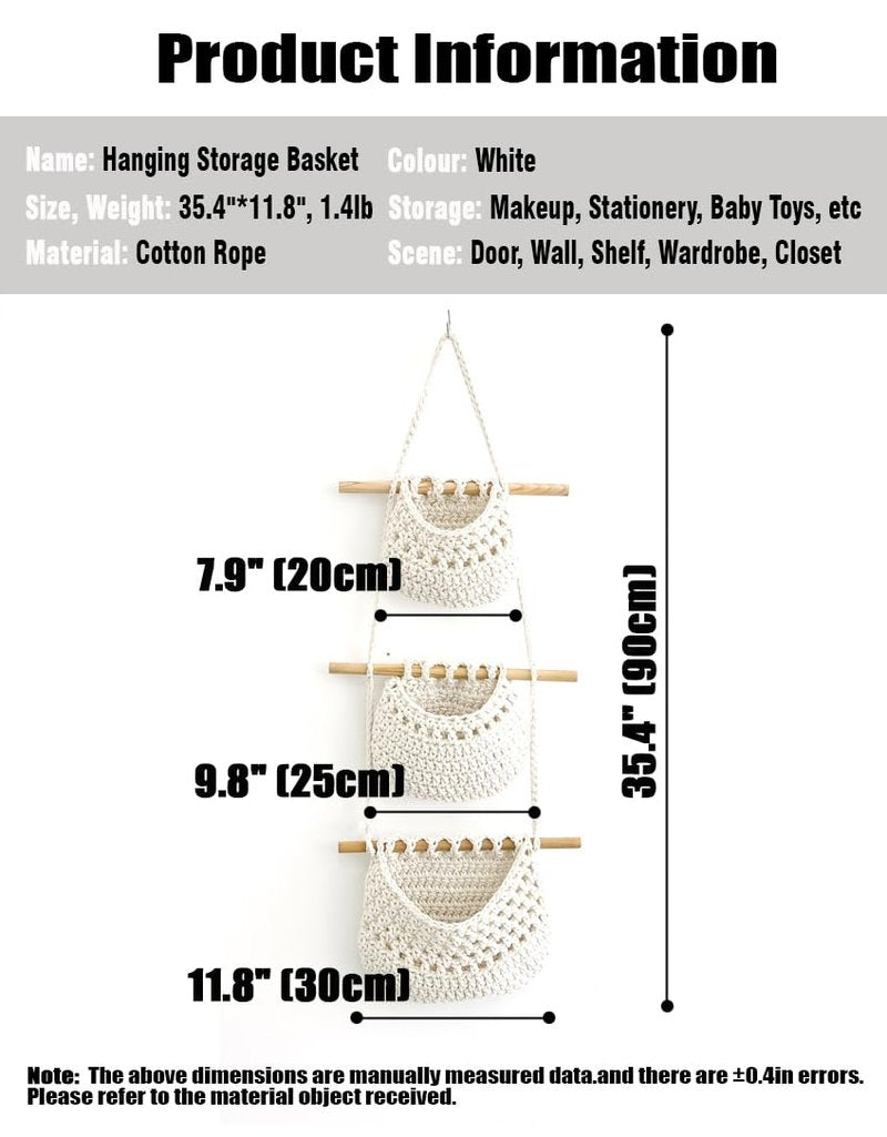 AARAINBOW Wall Cotton Hanging Baskets, Large 3 Tier Decorative Wall Basket, for Nursery, Boho Kitchen Decor - Cotton Rope Fruit basket (White)