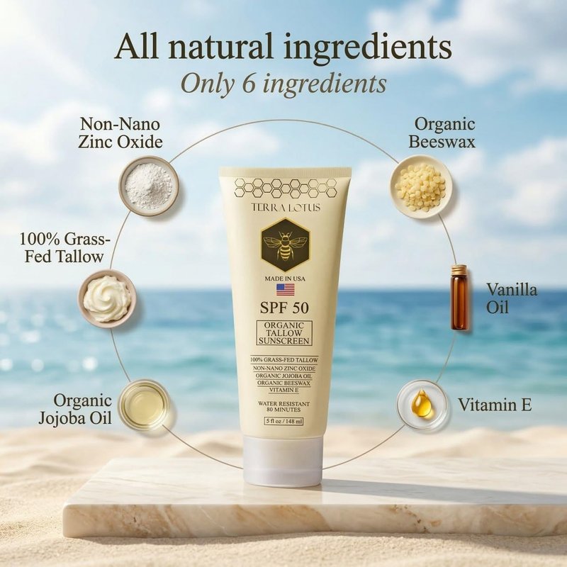 Organic Tallow Mineral Sunscreen - 50 SPF - For Face and Body - With 100% Grass-Fed Tallow and Non-Nano Zinc Oxide Reef Safe - (5 Oz)