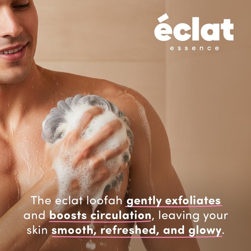 Éclat Mesh Bath Sponge Loofah Ball, Soft Exfoliating Body Scrubber for Wash, Rich-Lather Nylon Net Puff with Quick-Dry Hanging Loop, Gentle Daily Cleanser (Pink/Orange/Green/Grey, 4Pcs)