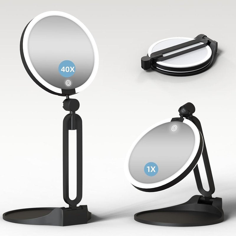 Magnifying Makeup Mirror with Light - 40X/1X Double-Sided, Rechargeable, 6-Inch, 360° Adjustable, Foldable Design