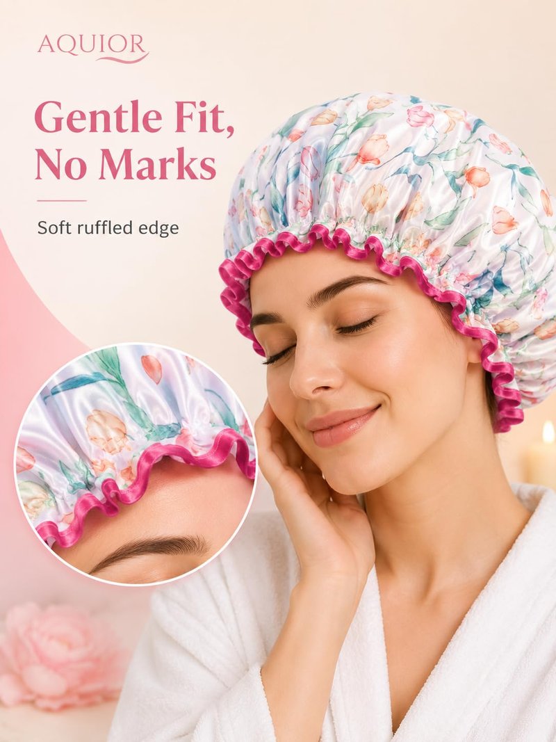 Aquior Shower Cap for Women, Waterproof Reusable Hair Cap with Soft Elastic, Large Size for Long Hair, Cute Bath Cap for Shower, Skincare, Cooking, Spa and Travel Use