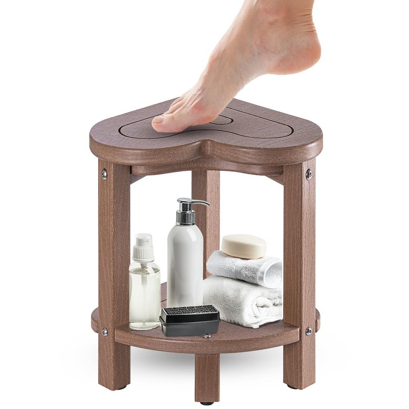 Corner Shower Stool for Inside Shower - Waterproof Corner Shower Bench, HDPE Plastic Bathroom Bench, Adjustable Height Corner Chair for Shaving Legs,Storage Shelf,Non-Slip Feet，Brown