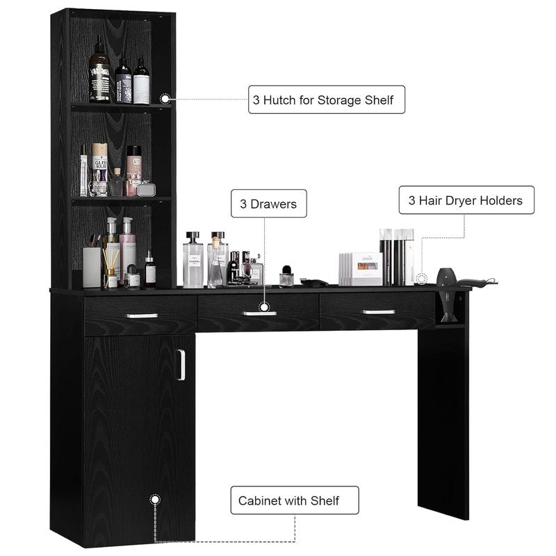 4ever2buy Salon Station for Hair Stylist, Salon Wall Station with Barber Cabinet, Hair Stations Equipment Hair Dryer Holder, Drawers, Wall Mount Barber Beauty Station, Mirror not Included, Black