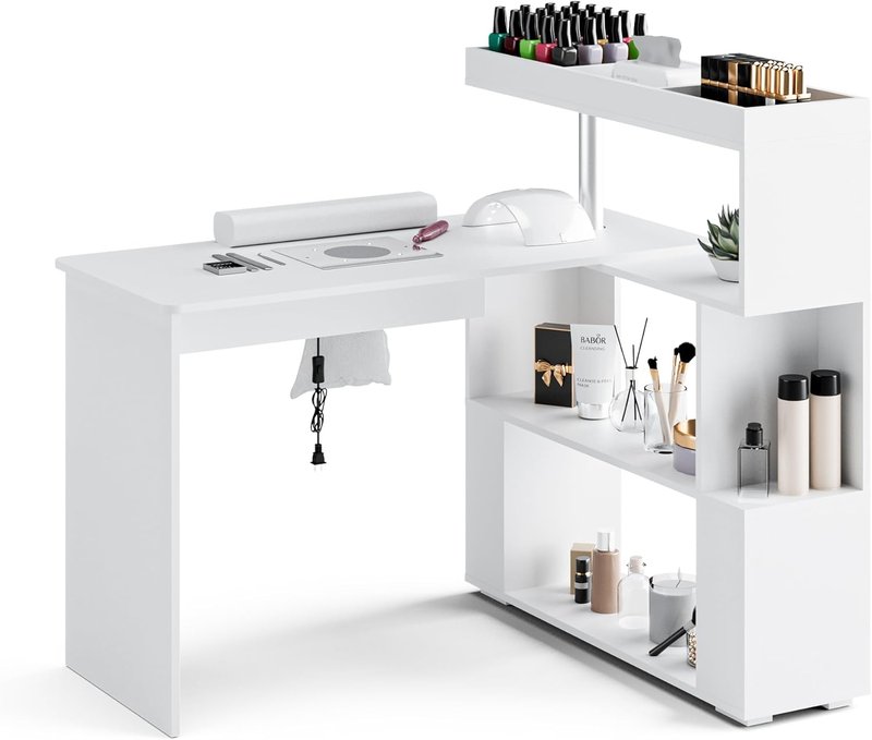 Skiennix Manicure Table - L-Shaped Nail Tech Desk with Dust Collector & Storage Shelf | Acetone Resistant, White