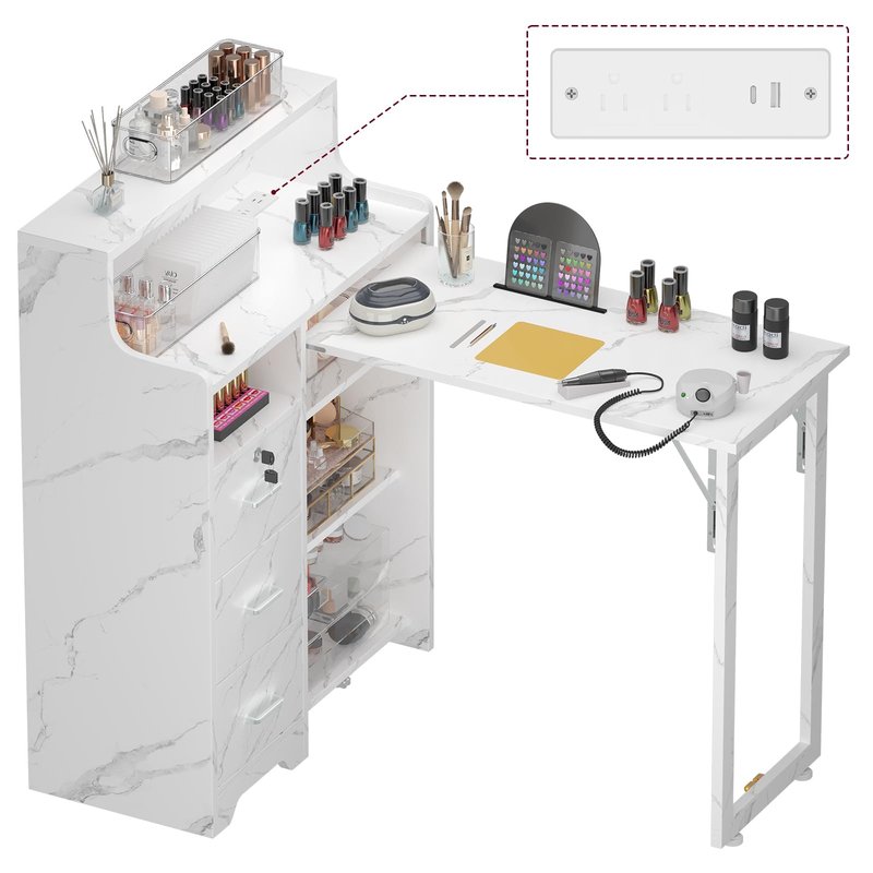 DUDUSHIMAN Foldable Nail Desk for Nail Tech, L Shape Manicure Table with Cabinet Drawer & Built-in Charging Station, Portable Nail Table for Beauty Salon Workstation (Marble)