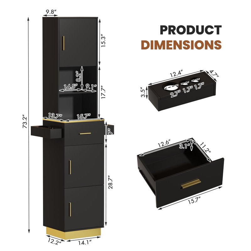 Oakvera Salon Stations for Hair Stylist, Tall Hair Salon Station with 6 Tools Holders, a Drawer, 2 Open Shelves & 3 Large Storage Cabinets for Salon, Spa & Beauty, Black