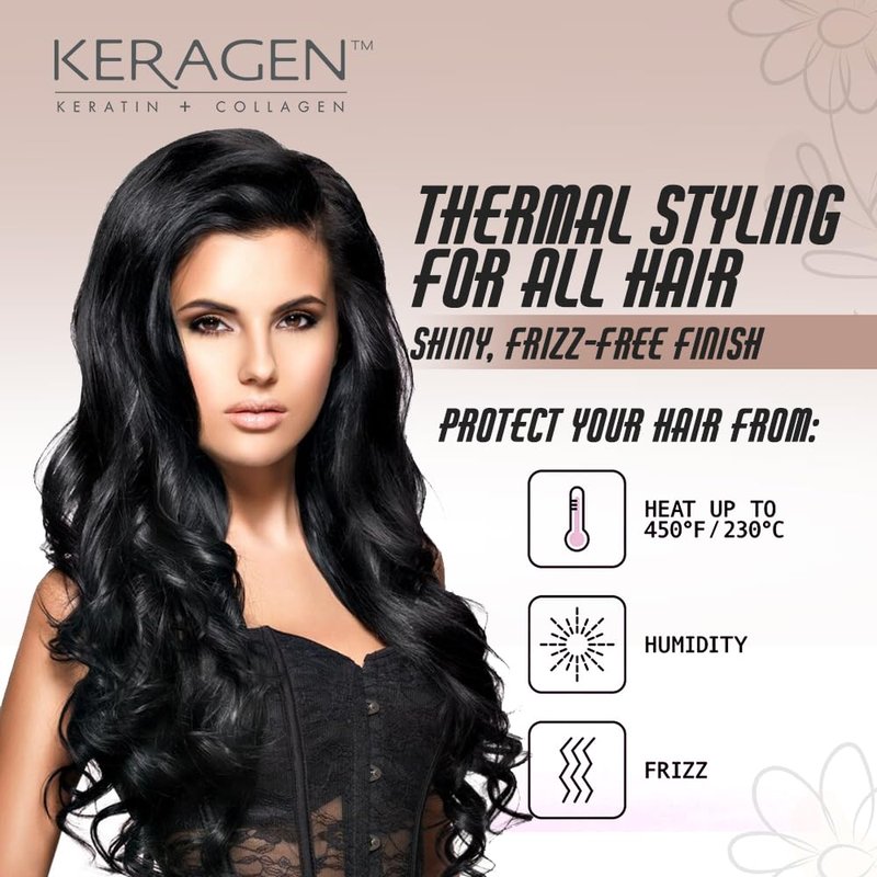 KERAGEN Heat Protectant Spray for Hair, 8 Oz – Thermal Styling for All Hair – Shiny, Frizz-Free Finish – Keratin, Collagen