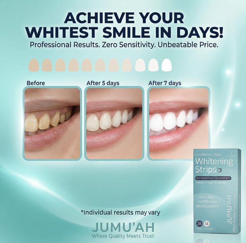 Jumu’ah Teeth Whitening Strips - 7 Treatments - 14 Strips - Enamel Safe - Certified Non-Toxic Teeth Whitening | Whitens Without Sensitivity, Coconut & Mint Flavor
