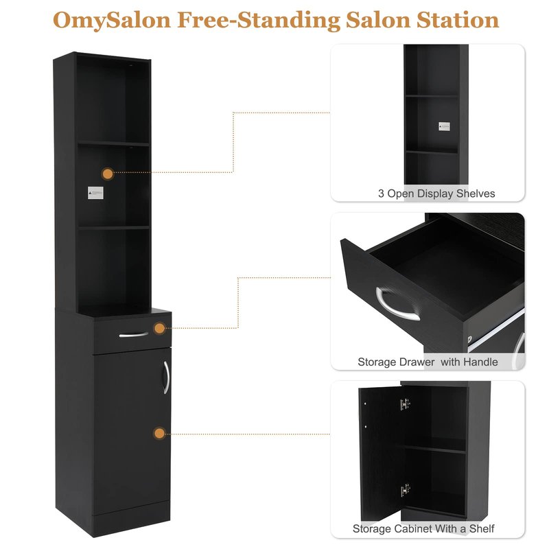 mefeir Salon Station, Barber Hair Stylist Storage Cabinet with Drawer, 5 Compartments & Shelf, Durable MDF, Organizer Equipment for Beauty Salon, Barbershop, Black