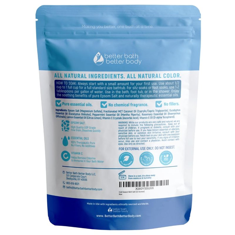 Cold Season Bath Salt 32 Ounces (2 Lbs) USP Grade Epsom Salt with Natural Rosemary and Peppermint Pure Essential Oils Plus Vitamin C in BPA Free Pouch with Easy Press Lock Seal Made in USA
