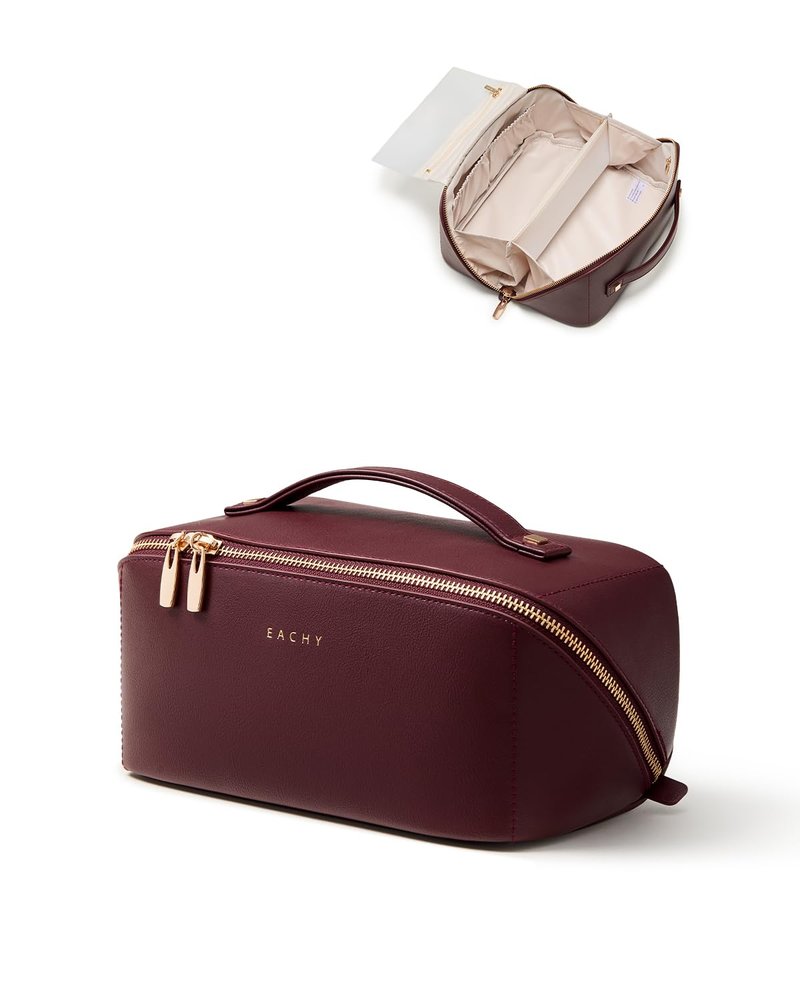 EACHY Travel Makeup Bag, 2.0 Cosmetic Bag for Women, Waterproof PU Leather,Flat Open Portable Toiletry Bag for Skincare, Brushes & Travel Essentials