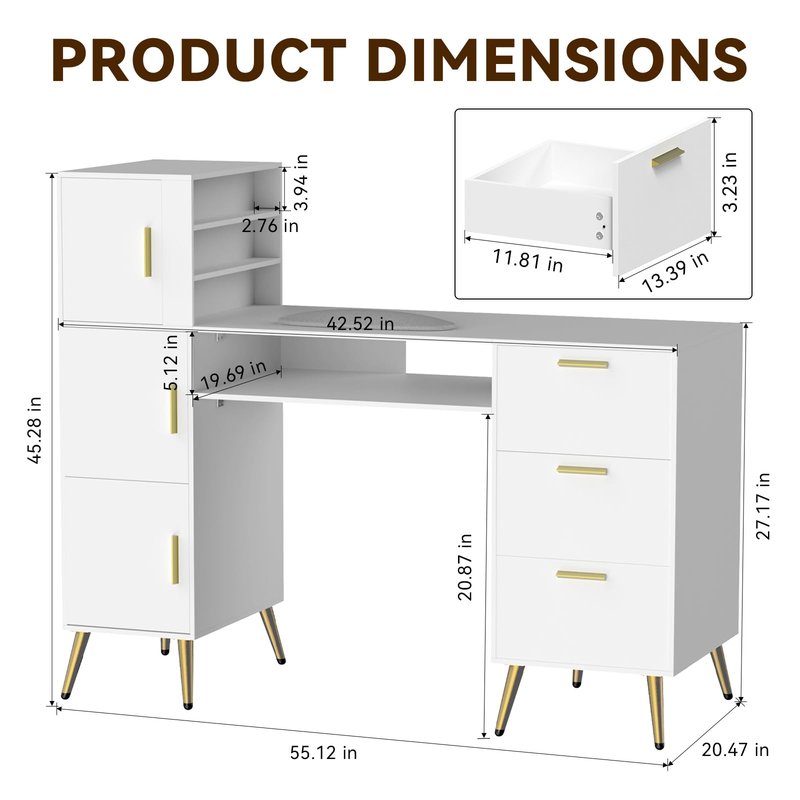 ARTETHYS Portable Nail Desk with Drawers White Manicure Table Nail Station with Shelves L-Shaped Salon Corner Nail Art Equipment for Nail Tech