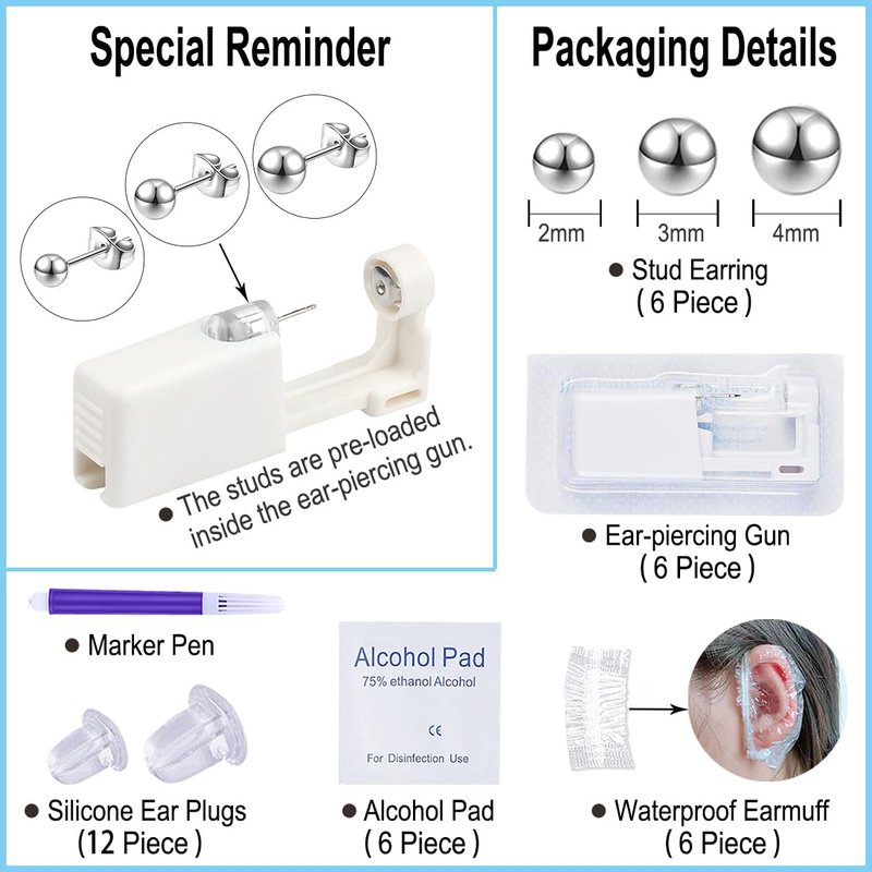 VitaCool Disposable Ear Piercing Gun Kit Ear Cartilage Piercing Kit Easy and Safe Earring Self for Yourself Use at Home(Silver Ball Pattern 234mm)