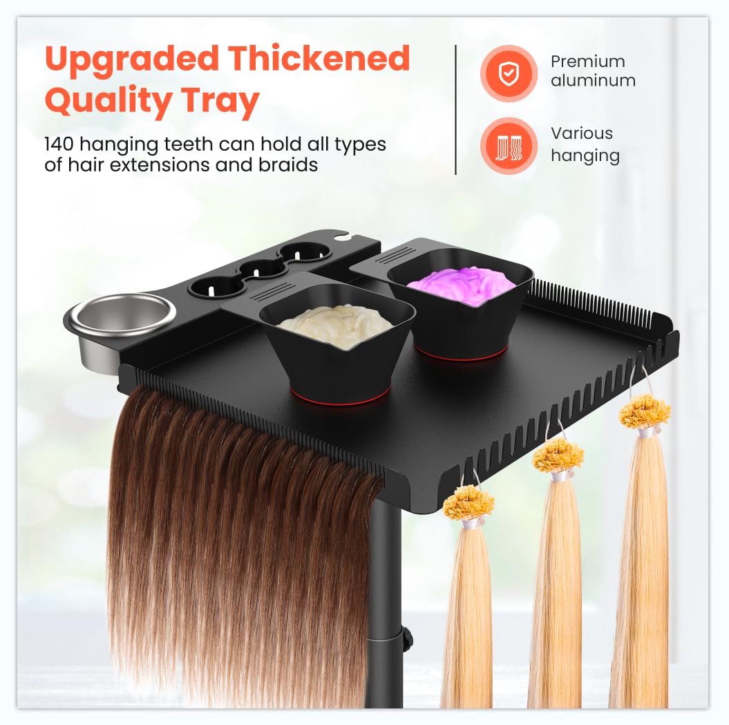 TASALON Black Salon Rolling Tray Cart on Wheels, Portable Braiding Hair Rack with Magnetic Hair Dye Bowls, Heat-Resistant Tool Rack for Salon Storage, Rolling Tool Cart & Hairstylist Station Organizer