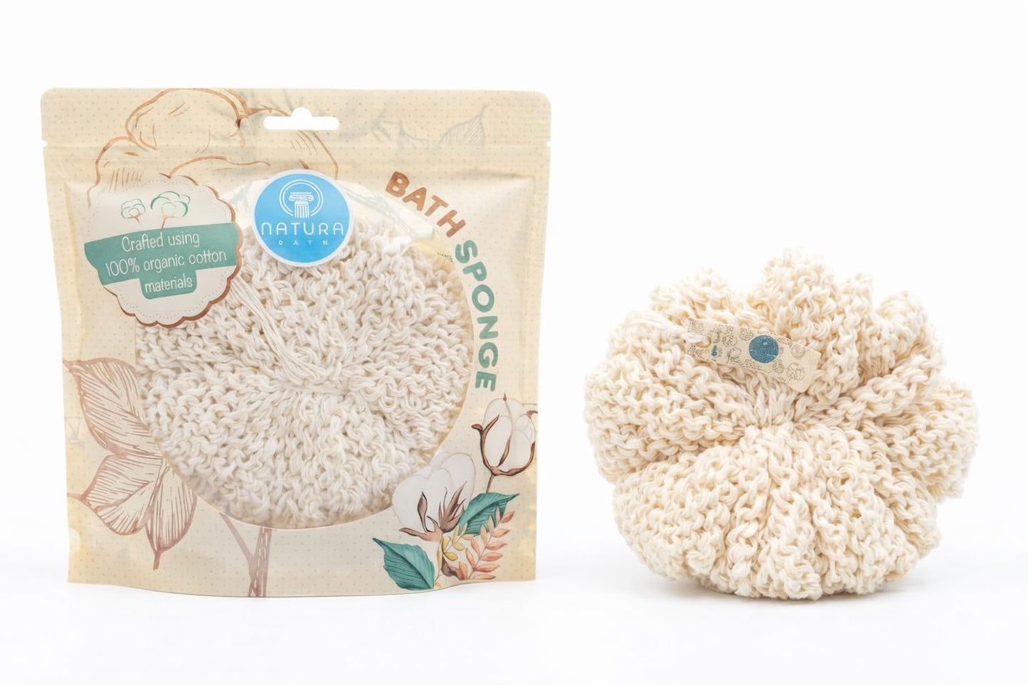 Organic Bath Sponge/Natura Bath Organic Cotton Bath Sponge – Ultra Soft Natural Body Sponge for Shower, Gentle Exfoliating Bath Sponge for Sensitive Skin, Reusable Eco-Friendly Shower Sponge