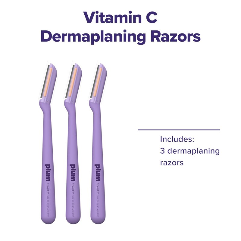 Plum Beauty Vitamin C Dermaplaning Razors (3-Pack) – Infused Facial Razors for Women - Peach Fuzz & Dead Skin Remover - Brightening Vitamin C Strip for Collagen Support & Skincare Absorption