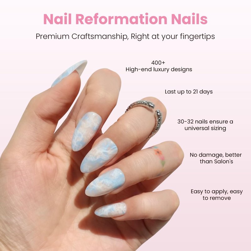 Press On Nails - Marble Dream Pastel Almond Fake Nails | Reusable Glossy Finish in Blue, Pink, White - 30 Nail Kit with Glue, 15 Sizes