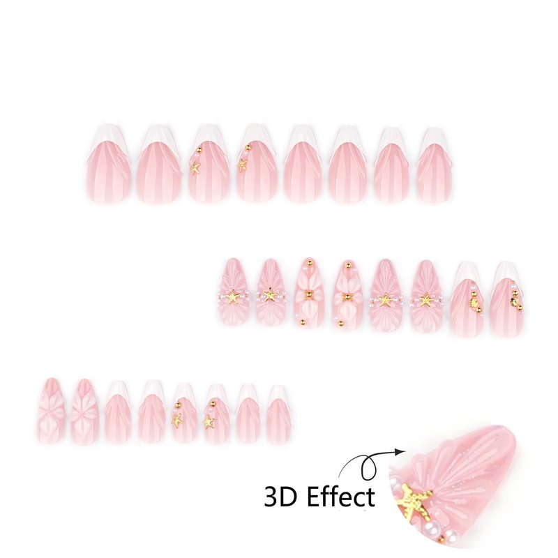 Mivota Medium Almond Press On Nails French Tip Nude Acrylic Fake Nails with 3D Shell Starfish Pearl Floral Design, Elegant Summer Beach Style DIY Manicure for Women