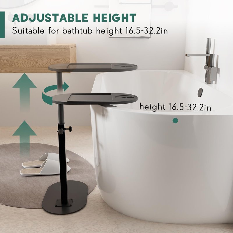 Yumkfoi Bathtub Tray Table with Carbon Steel Base, Freestanding Bath Tray for Tub Against Wall, Bathtub Caddy Hot Tub Table for Luxury Bath Home Spa Bath Accessories (Carbon Steel&Bamboo)