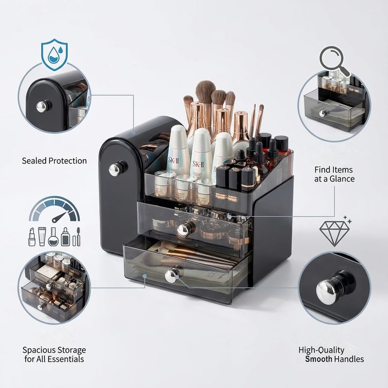 Bird&Fish Makeup Organizer with Sliding Brush Holder, Clear Skincare Organizer with Drawers, Bathroom Countertop Organizer, Sturdy Cosmetic Storage Case for Vanity, Dresser (Black)