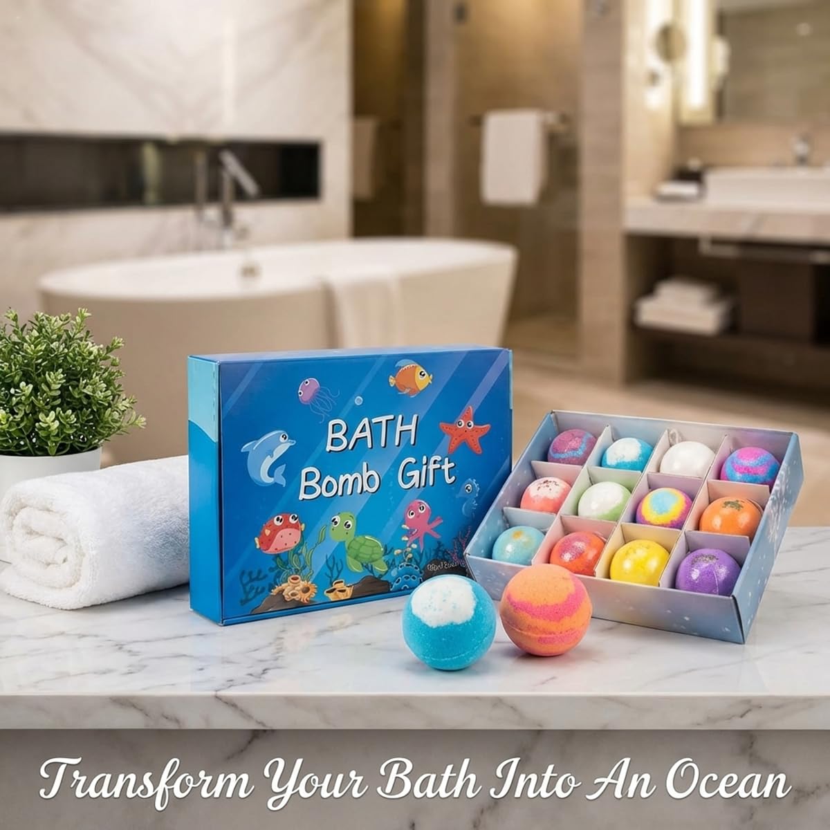 Bath Bombs with Surprise Inside – 12 Pack Fizzy Bubble Bath Gift Set, Dinosaur Egg & Ocean Theme Color Changing Bath Bombs, Natural Sea Salt Spa Bath Balls (Sea Animal)