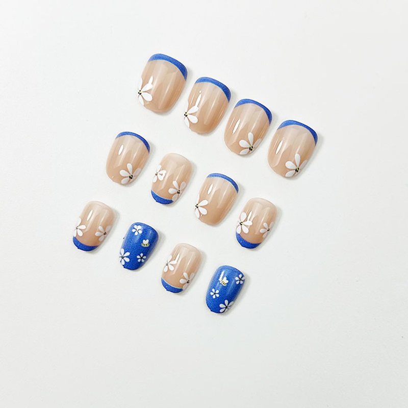 Skiennix Blue French Tip Press-On Nails - Short Almond Floral Design | Reusable Glossy Acrylic for Women